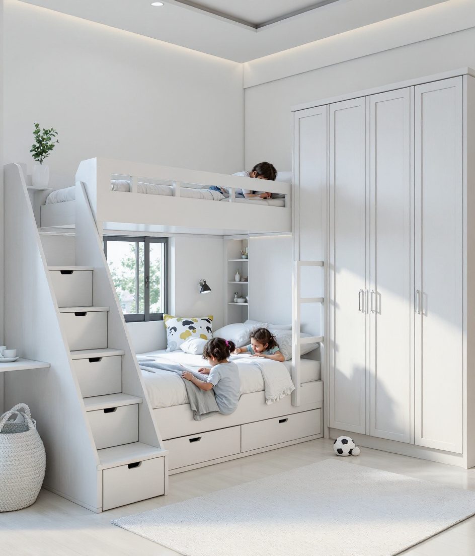 Warm-Oak Bunk Siblings Room — White Modern