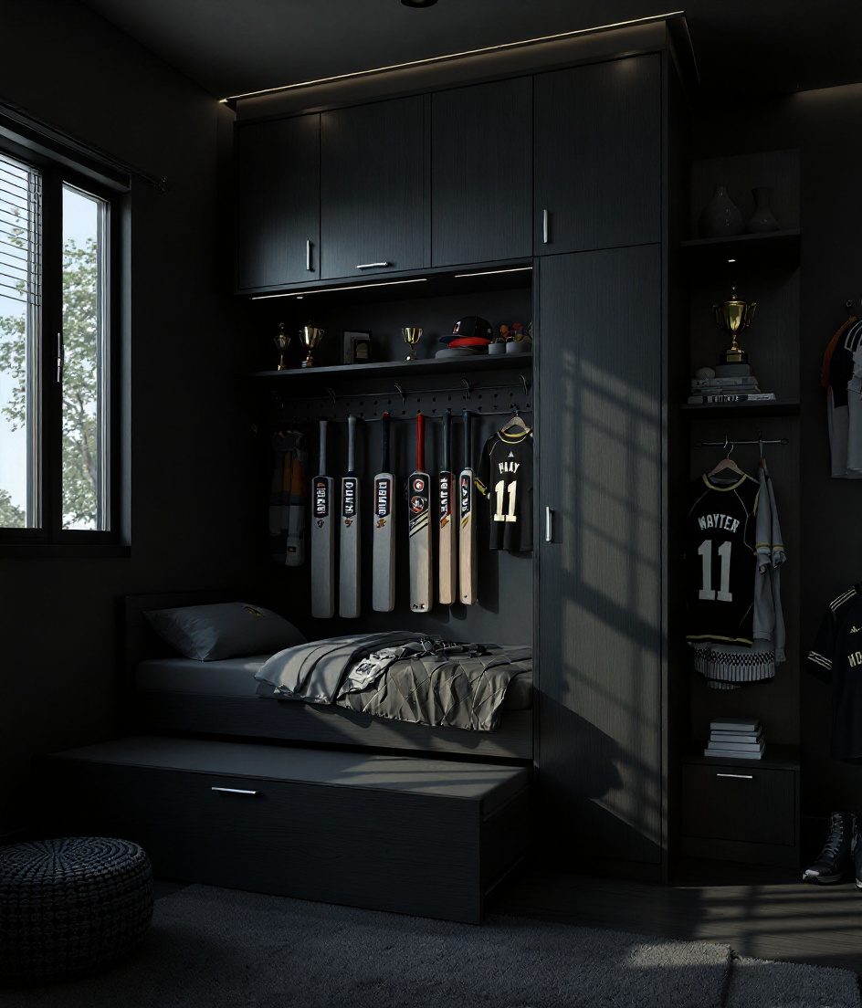 Warm-Oak Cricket Fan Room — Charcoal Minimal