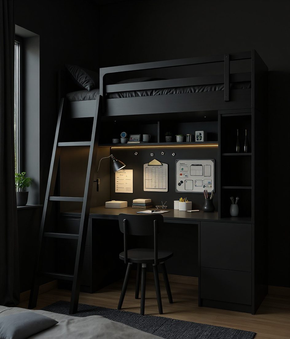 Warm-Oak Loft Study Bed — Charcoal Minimal