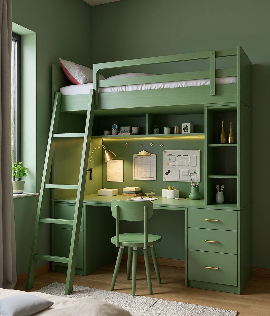 Warm-Oak Loft Study Bed — Sage & Brass