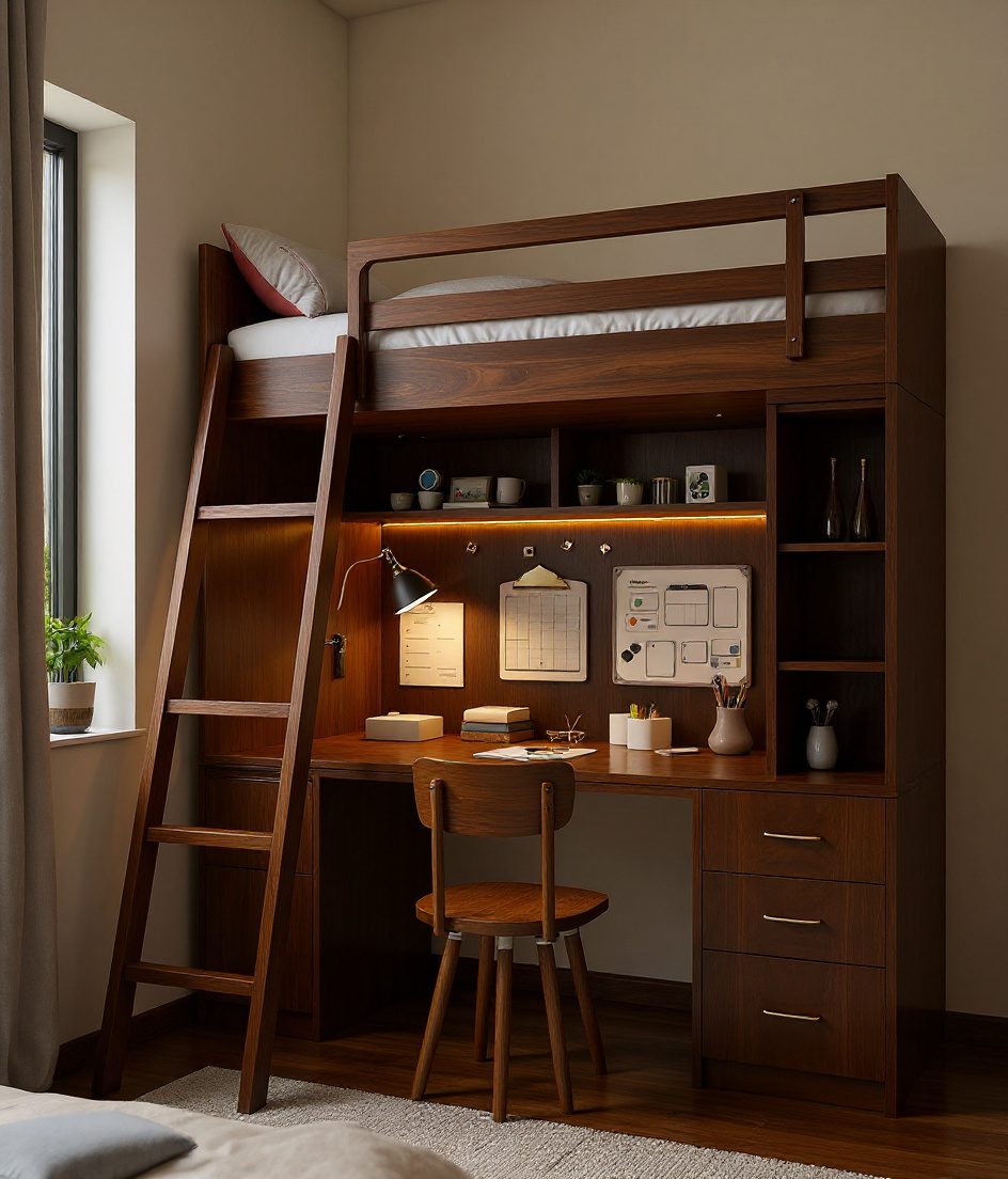 Warm-Oak Loft Study Bed — Walnut Classic