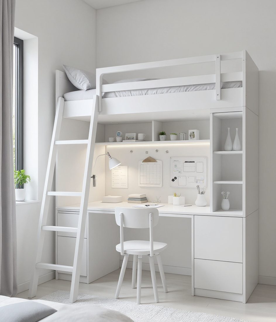 Warm-Oak Loft Study Bed — White Modern