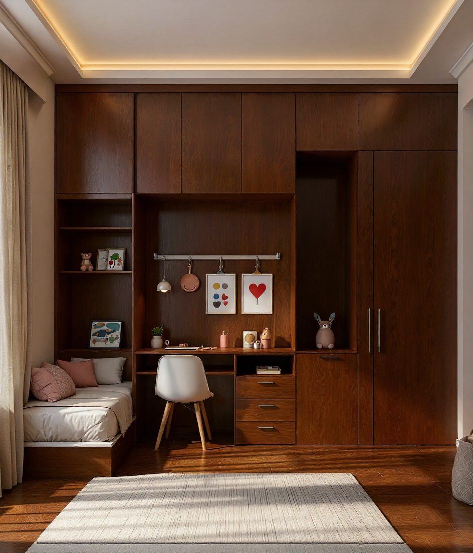 White-Modern Bright Kids Bedroom — Walnut Classic