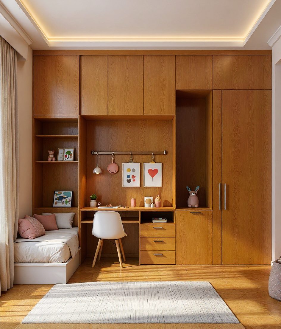 White-Modern Bright Kids Bedroom — Warm Oak
