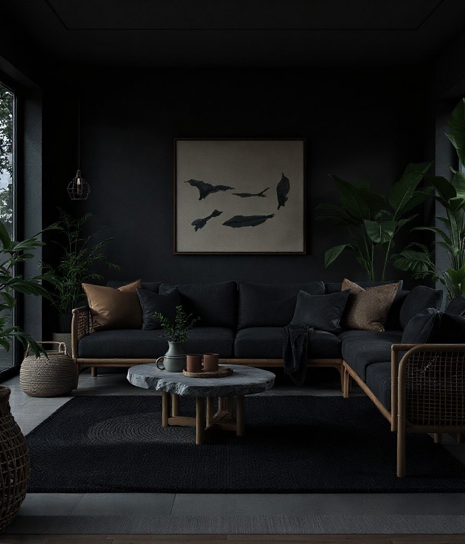 Earthy Natural-Materials Living Room — Charcoal Minimal