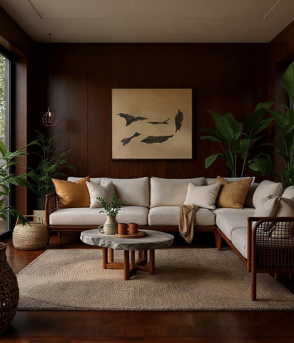 Earthy Natural-Materials Living Room — Walnut Classic