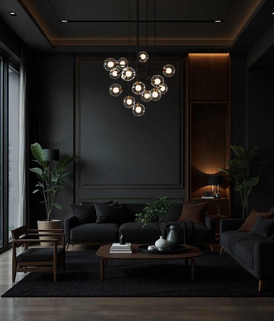 Living Room with Statement Lighting — Charcoal Minimal