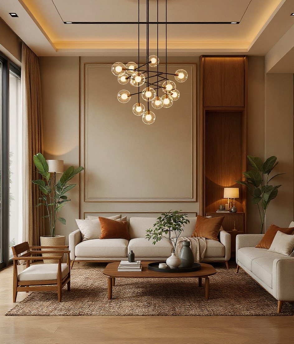 Living Room with Statement Lighting — Warm Oak