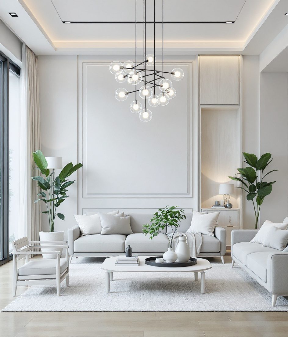 Living Room with Statement Lighting — White Modern