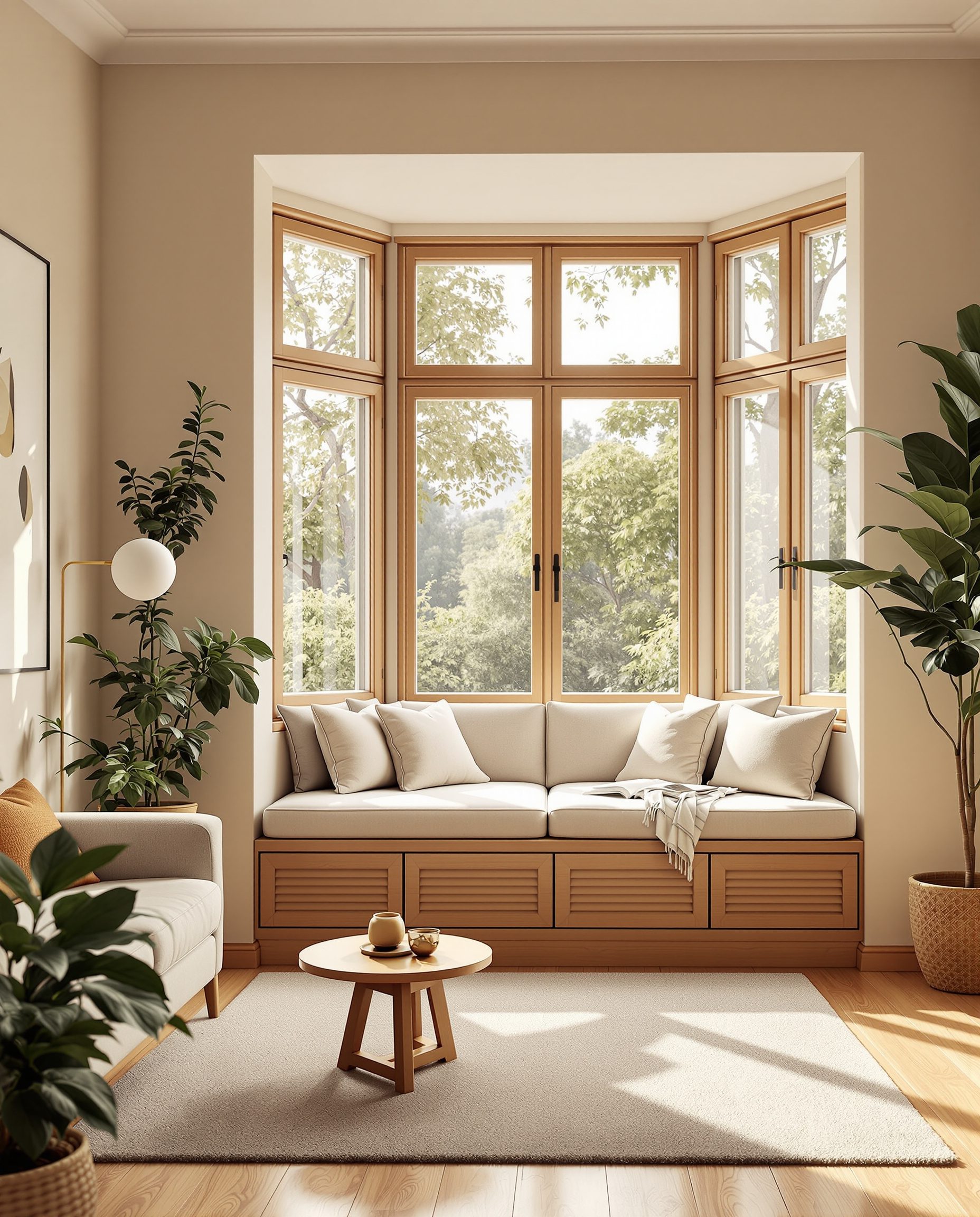 Living Room with a Bay-Window Seat — Warm Oak