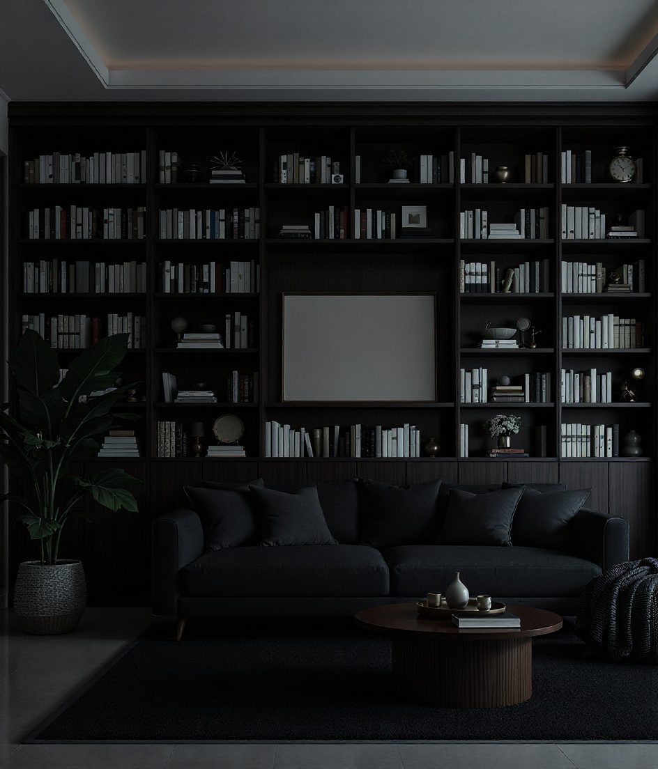 Living Room with a Bookshelf Wall — Charcoal Minimal