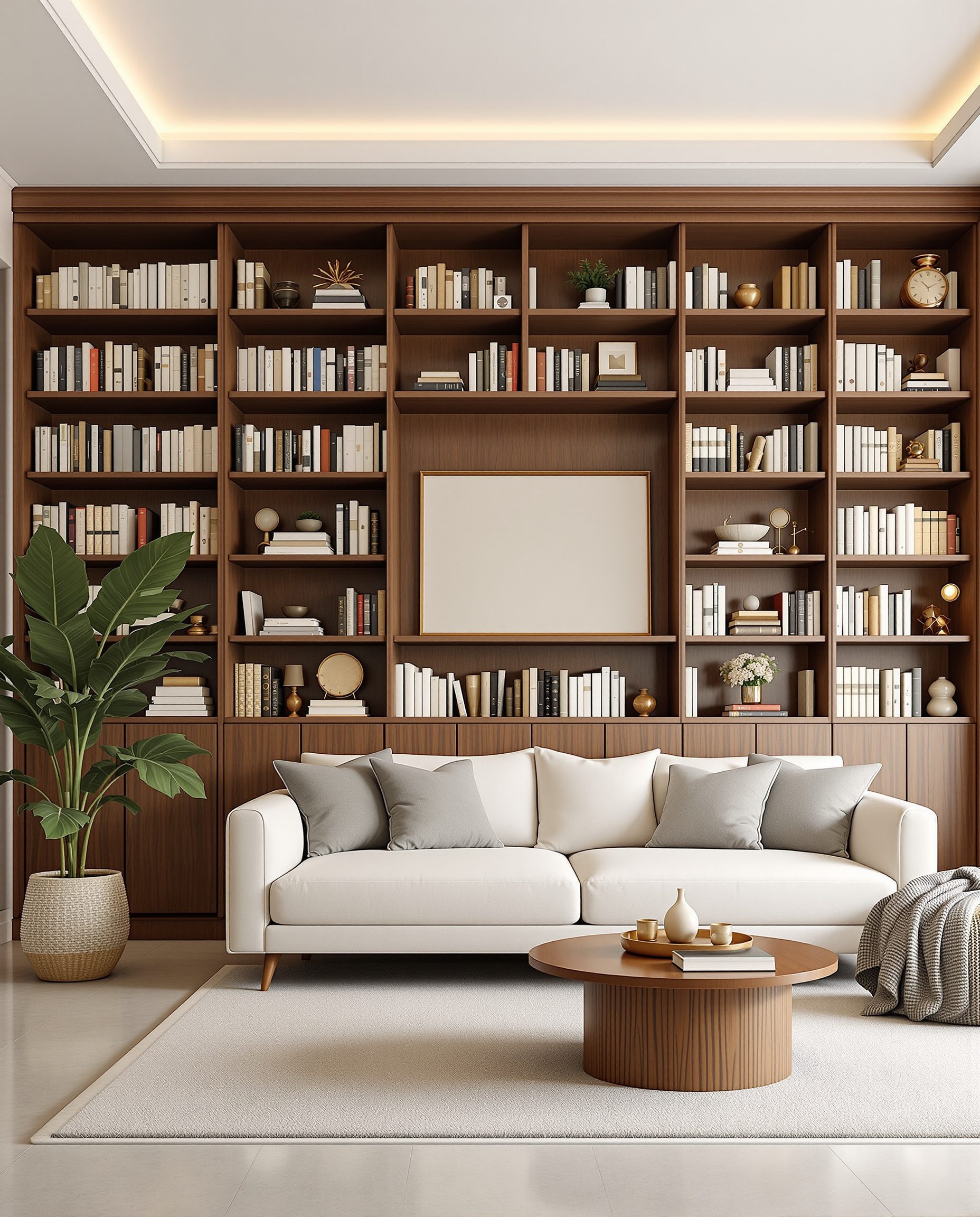 Living Room with a Bookshelf Wall — Walnut Classic