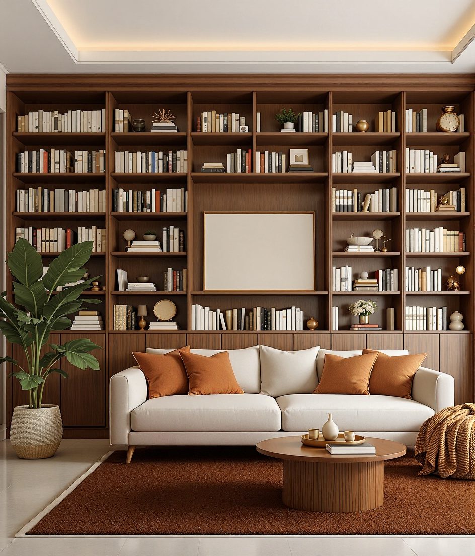 Living Room with a Bookshelf Wall — Warm Oak