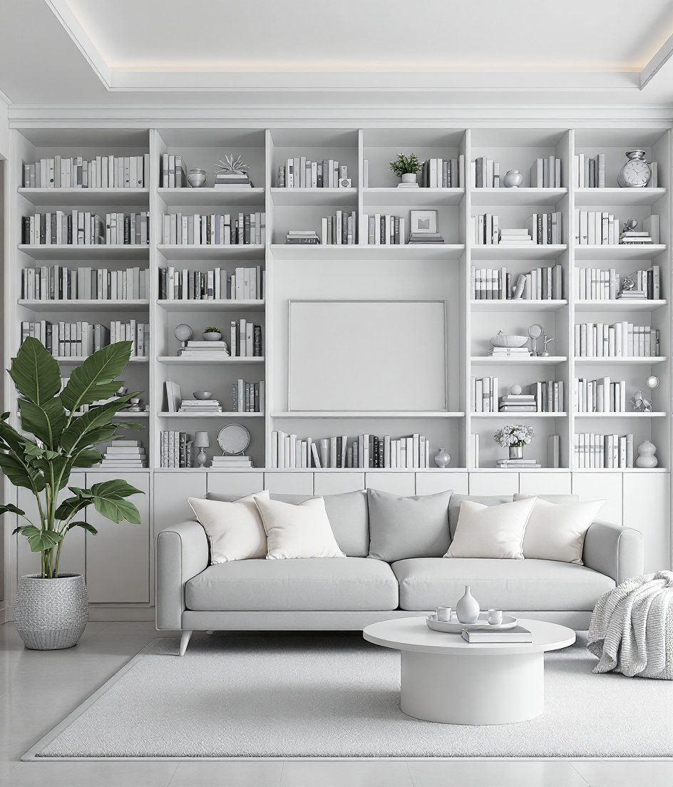 Living Room with a Bookshelf Wall — White Modern
