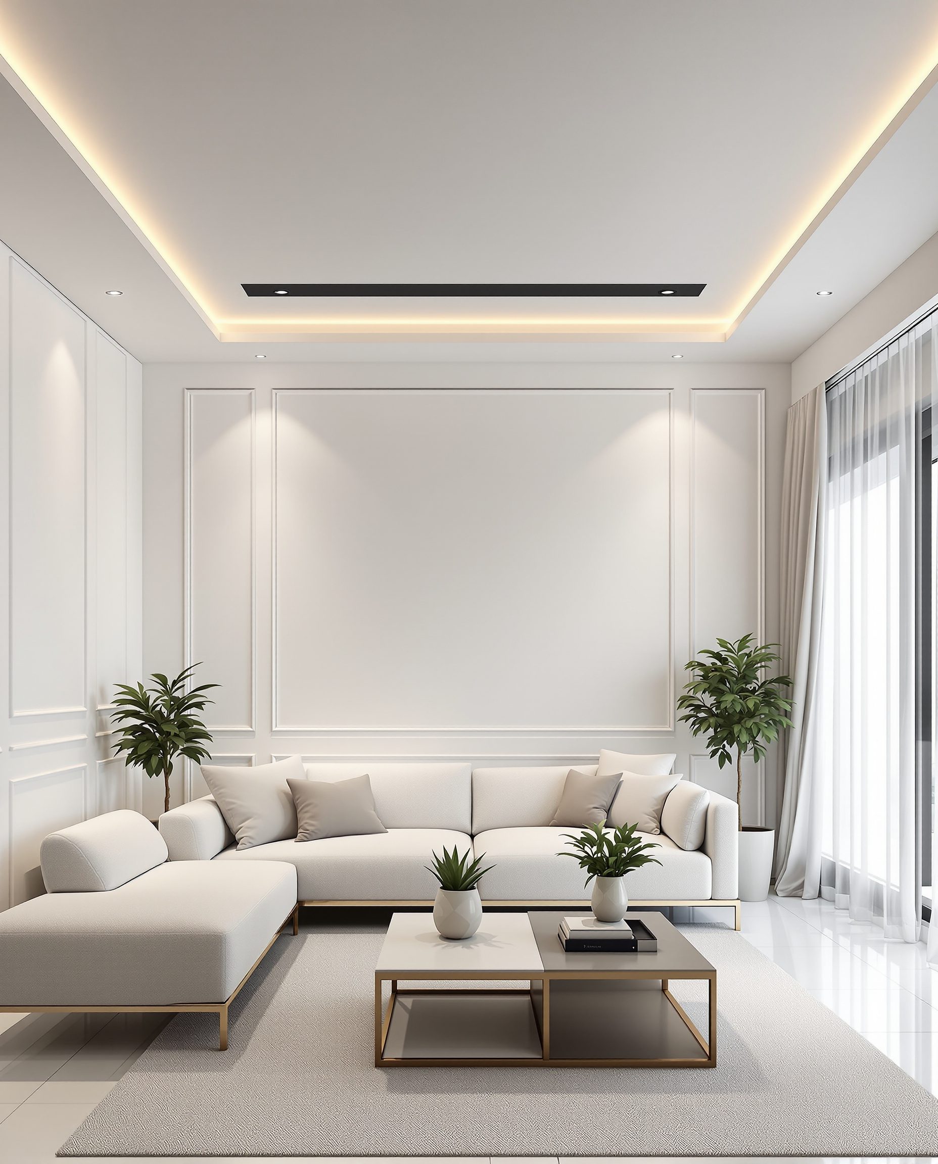 Living Room with a False Ceiling — White Modern