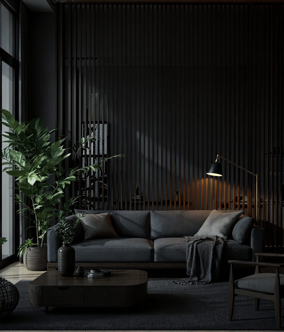 Living Room with a Slatted Partition — Charcoal Minimal