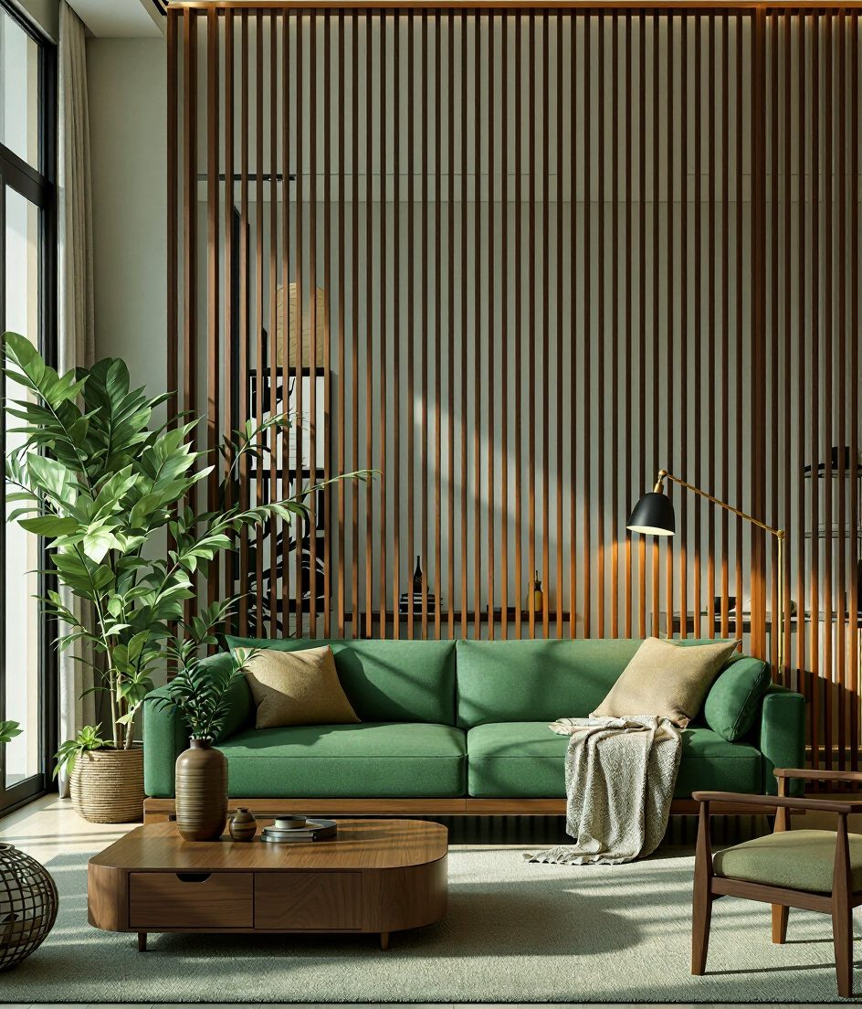 Living Room with a Slatted Partition — Sage & Brass