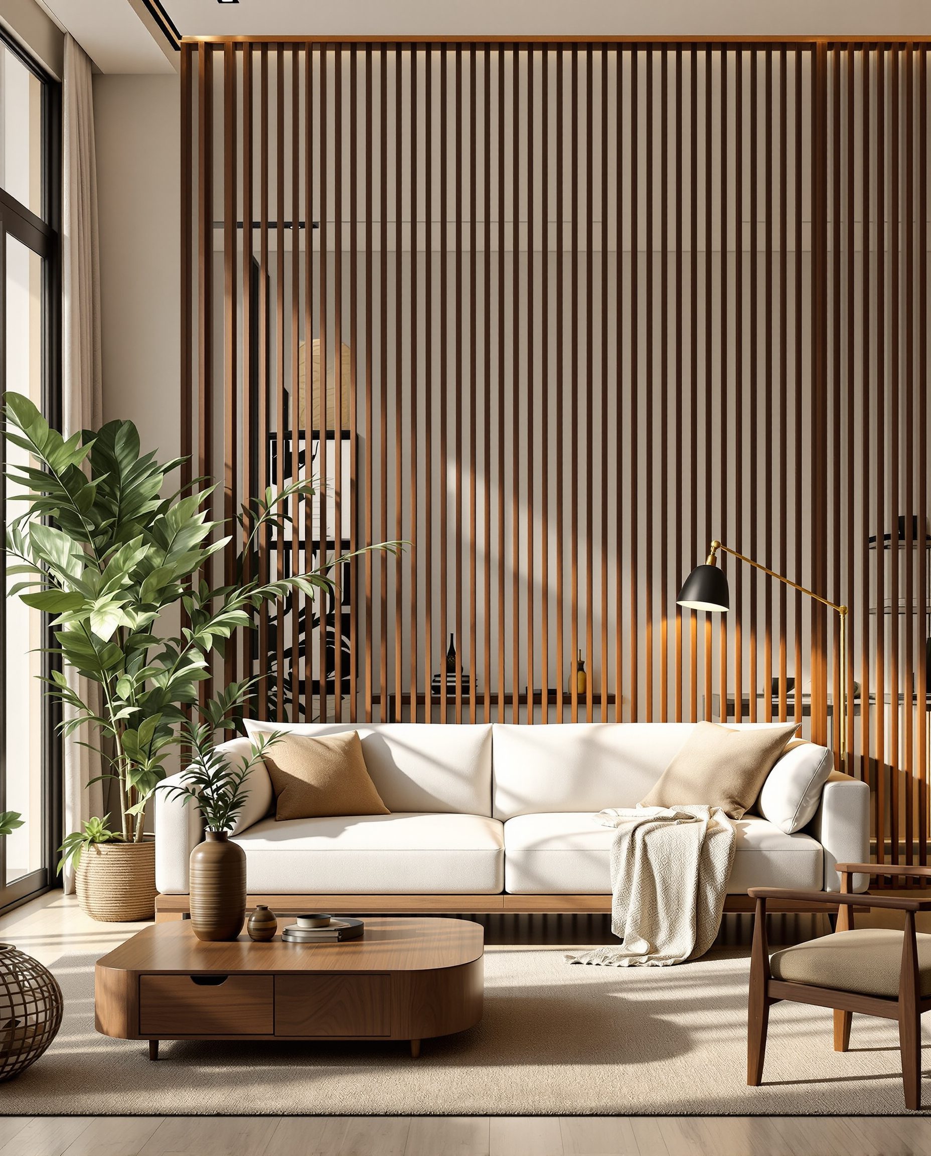Living Room with a Slatted Partition — Walnut Classic