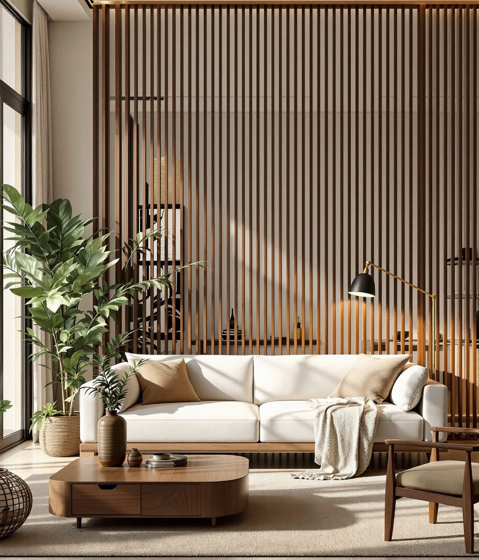 Living Room with a Slatted Partition — Warm Oak