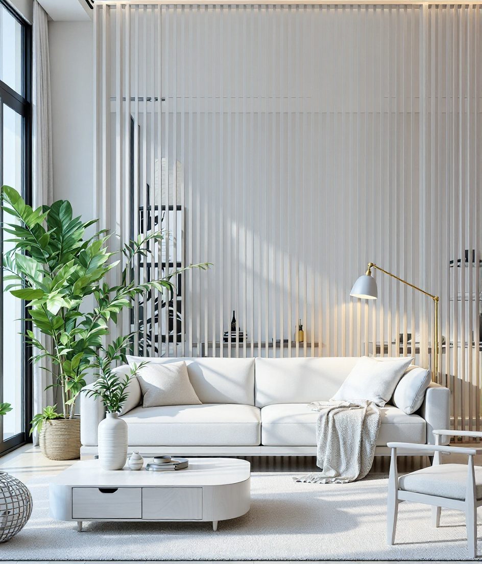 Living Room with a Slatted Partition — White Modern