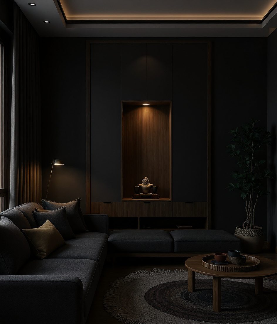 Living Room with a Pooja Niche — Charcoal Minimal