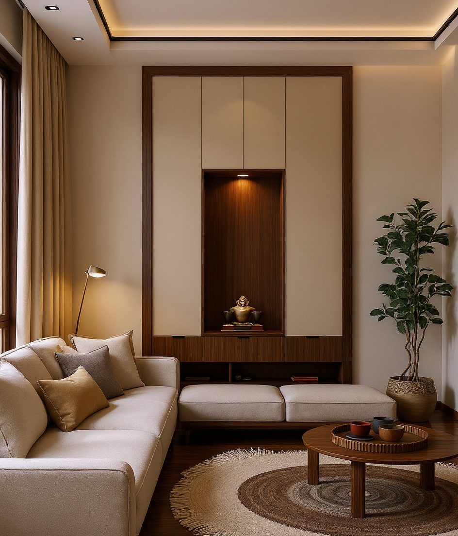 Living Room with a Pooja Niche — Walnut Classic