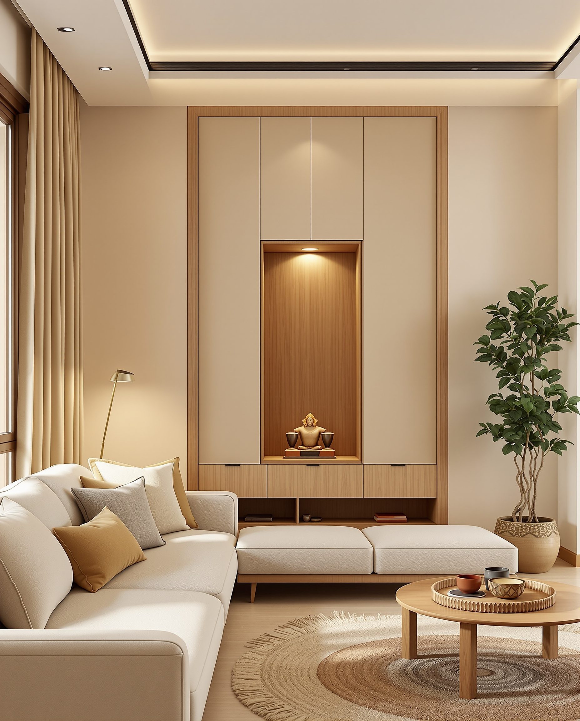 Living Room with a Pooja Niche — Warm Oak