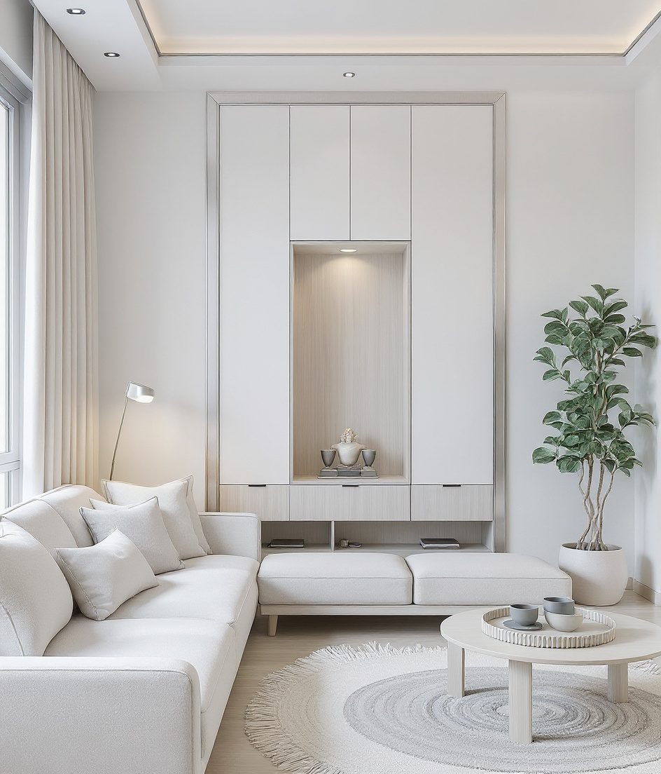 Living Room with a Pooja Niche — White Modern