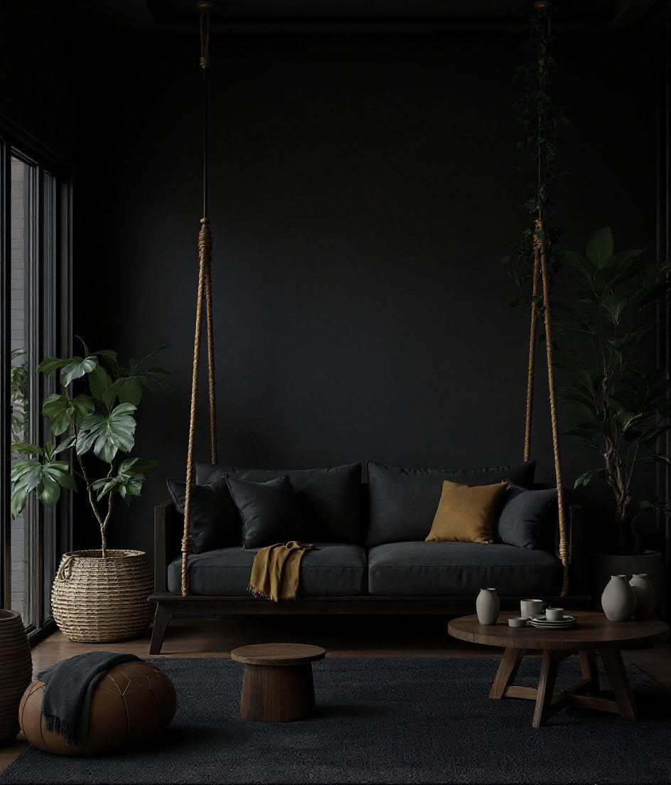 Living Room with a Swing (Jhula) — Charcoal Minimal