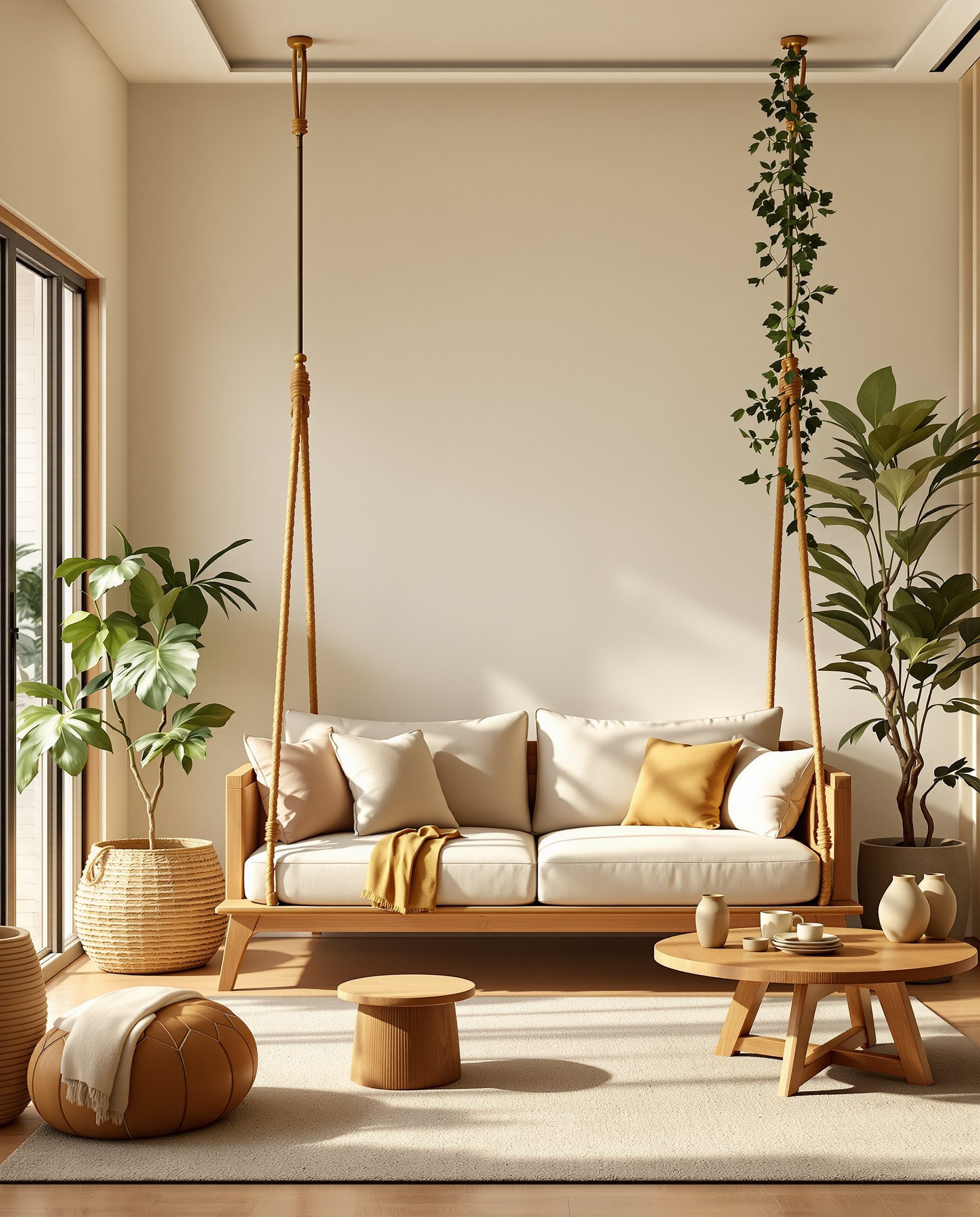 Living Room with a Swing (Jhula) — Warm Oak