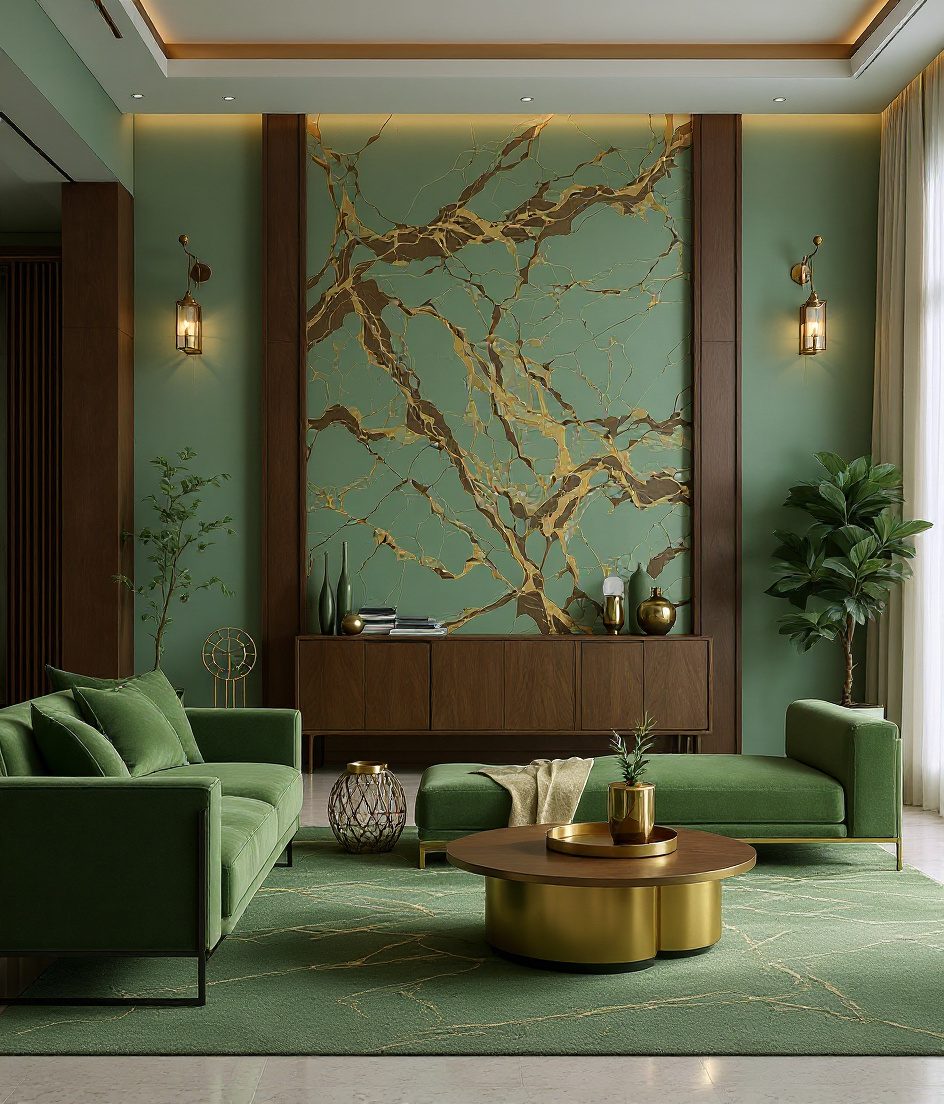 Luxury Living Room with Feature Wall — Sage & Brass