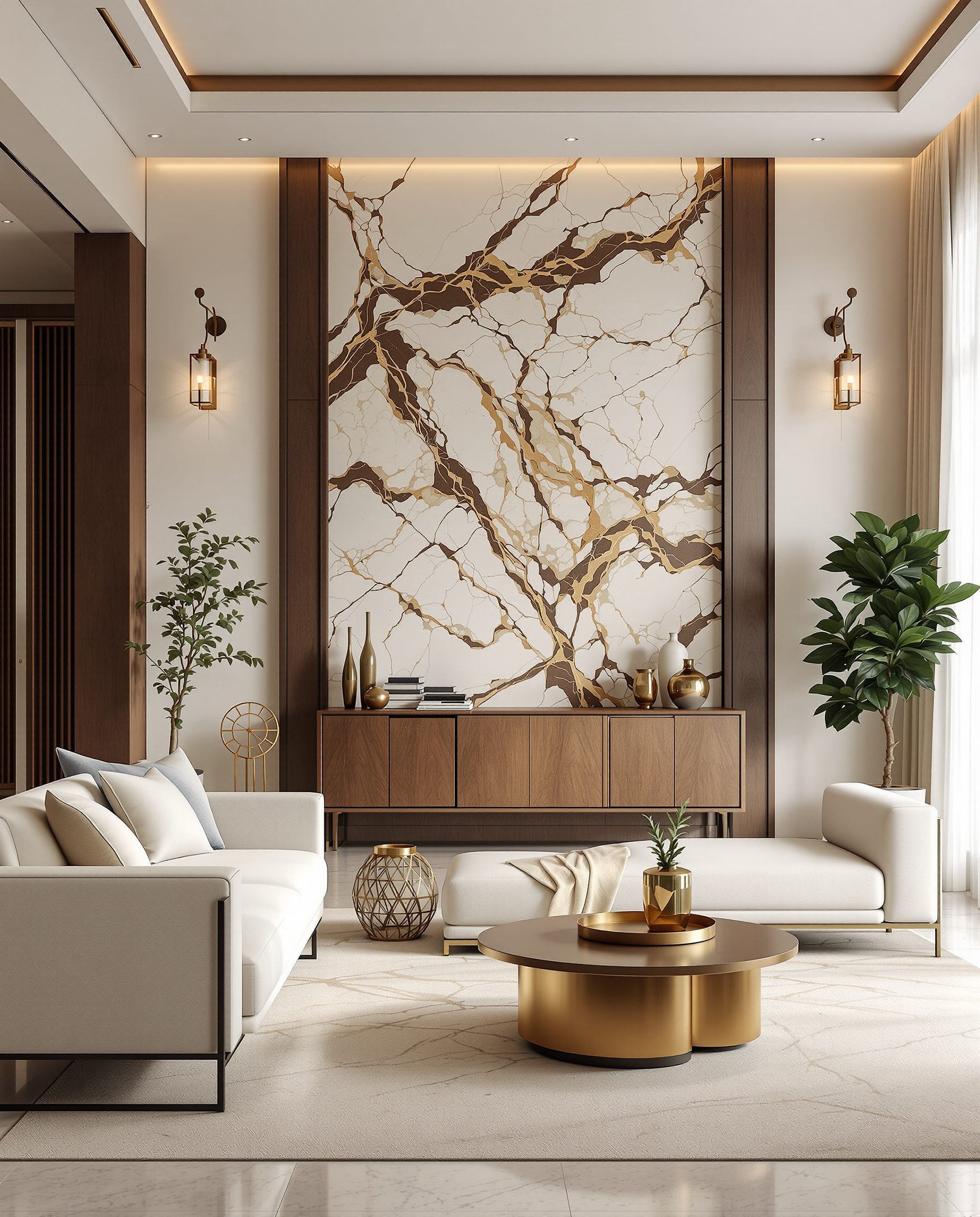 Luxury Living Room with Feature Wall — Walnut Classic