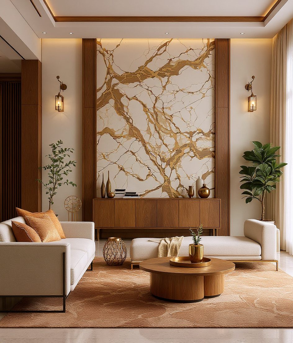 Luxury Living Room with Feature Wall — Warm Oak
