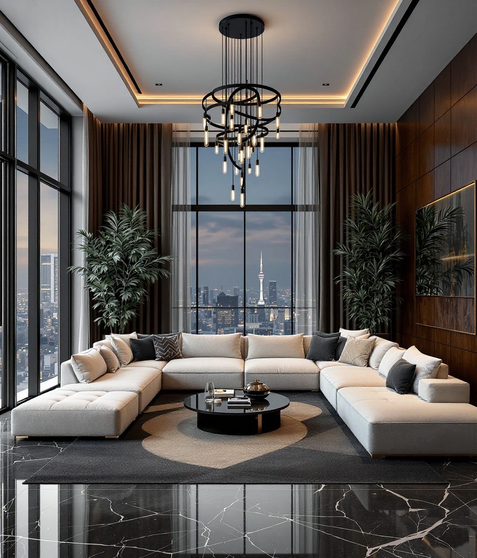 Luxury Penthouse Living Room — Walnut Classic