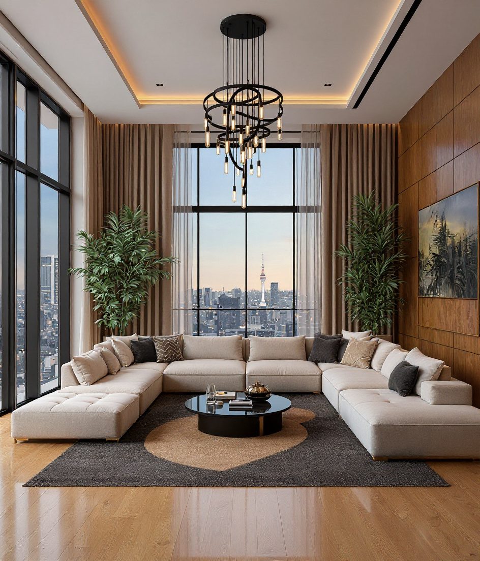 Luxury Penthouse Living Room — Warm Oak