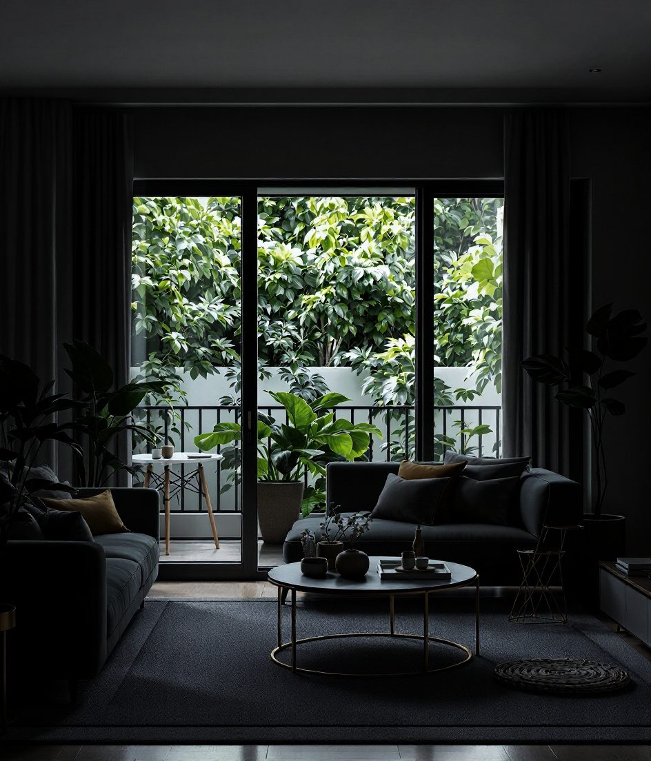 Living Room Opening to a Balcony — Charcoal Minimal