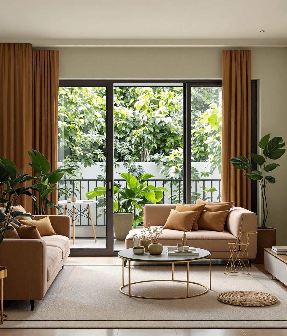 Living Room Opening to a Balcony — Warm Oak