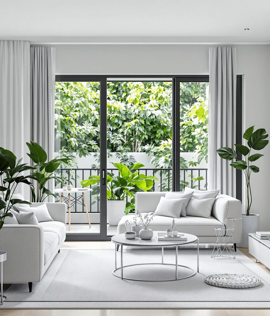 Living Room Opening to a Balcony — White Modern