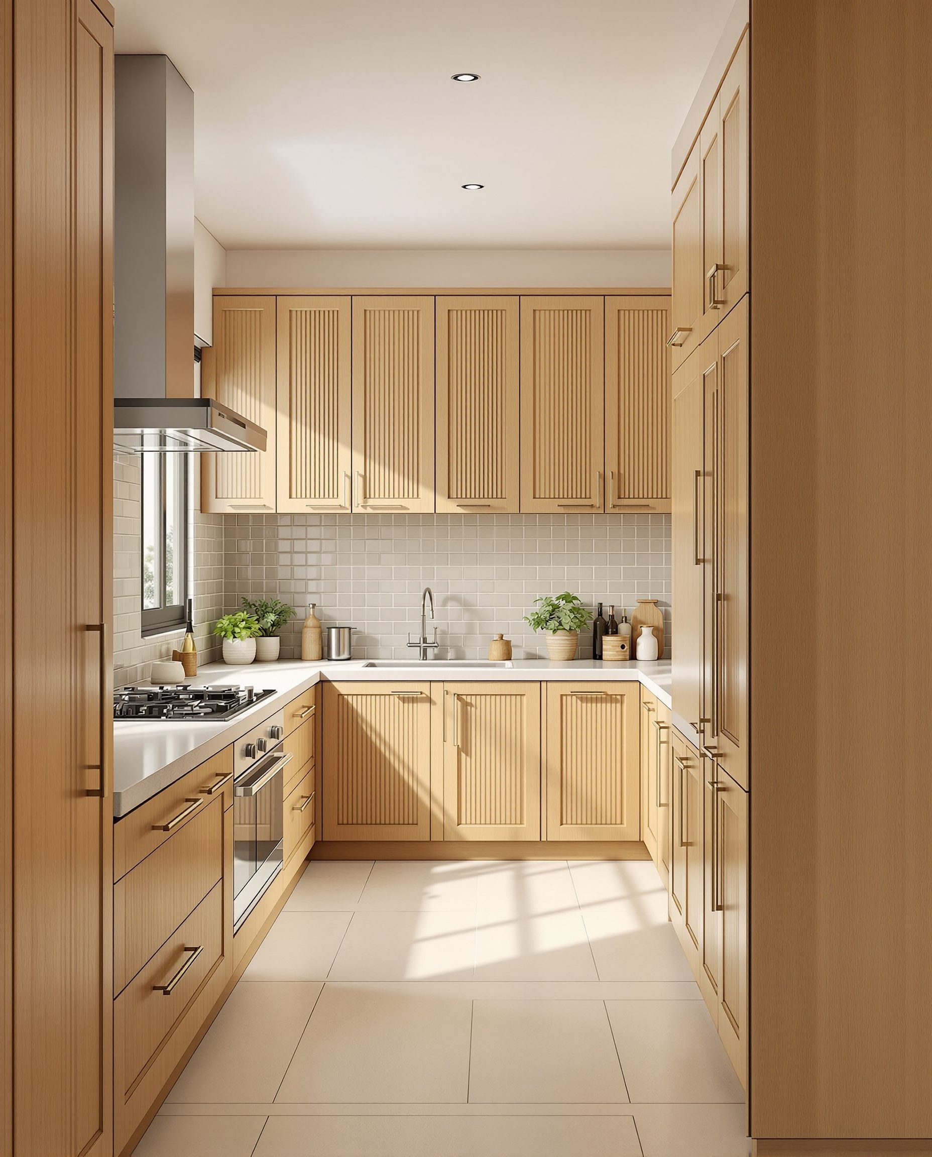 Fluted-Panel Kitchen — Warm Oak