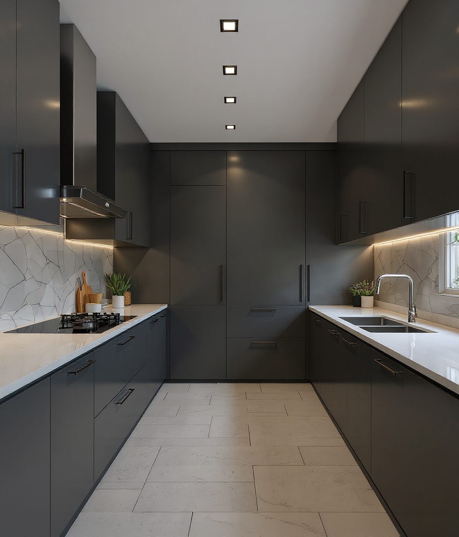 High-Gloss Acrylic Kitchen — Charcoal Minimal