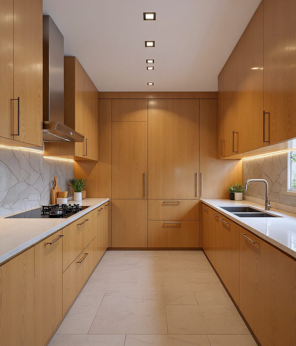 High-Gloss Acrylic Kitchen — Warm Oak