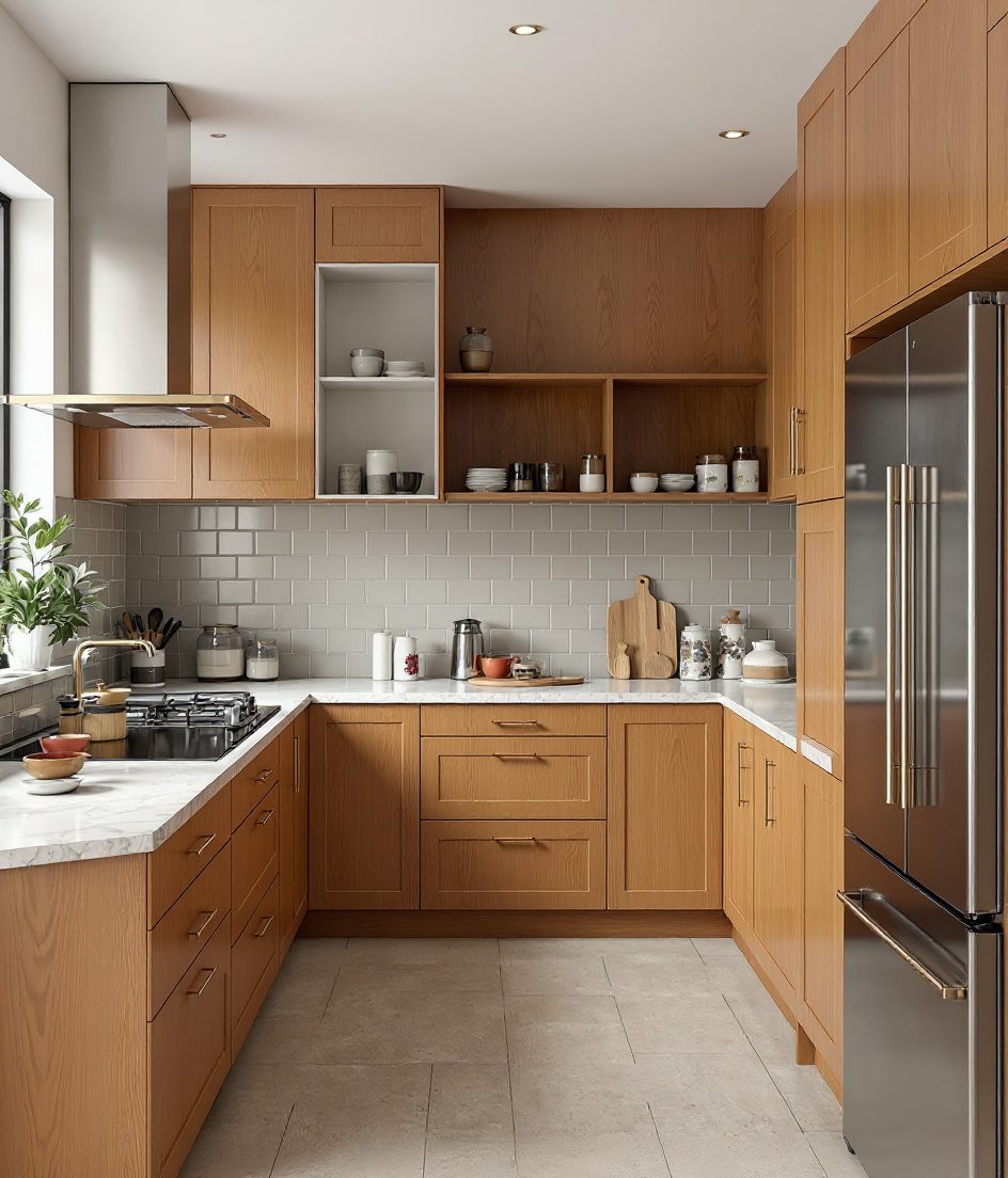 Kitchen With Open Shelves — Warm Oak