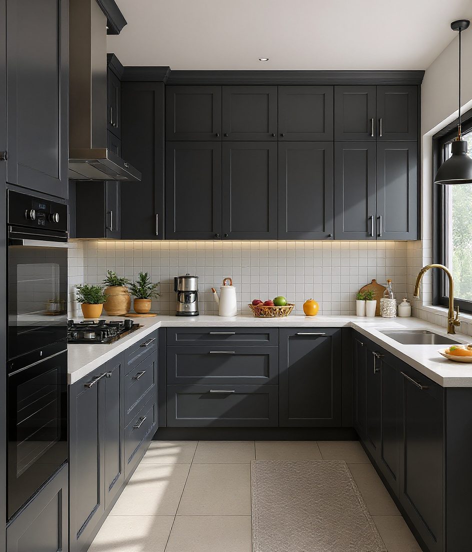 Kitchen With Tall Larder Units — Charcoal Minimal