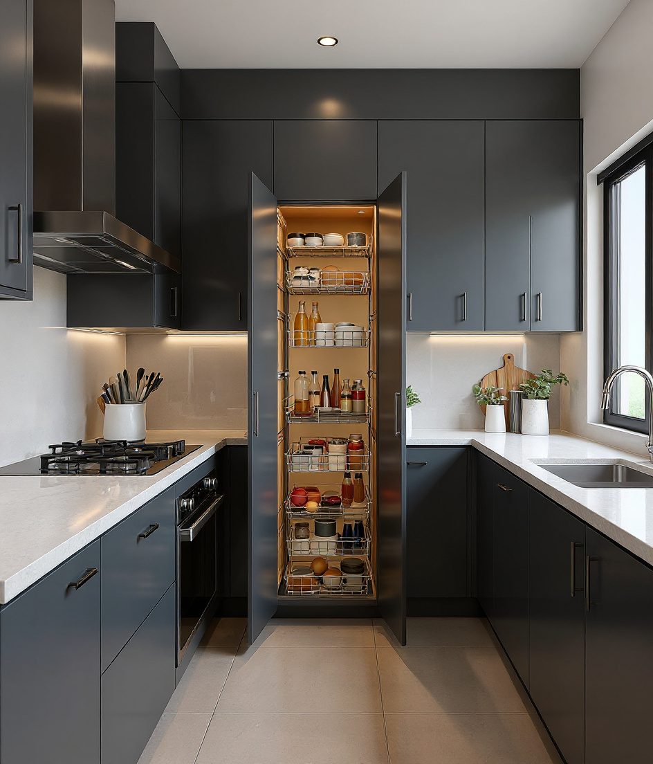 Kitchen With Tandem Pull-Outs — Charcoal Minimal