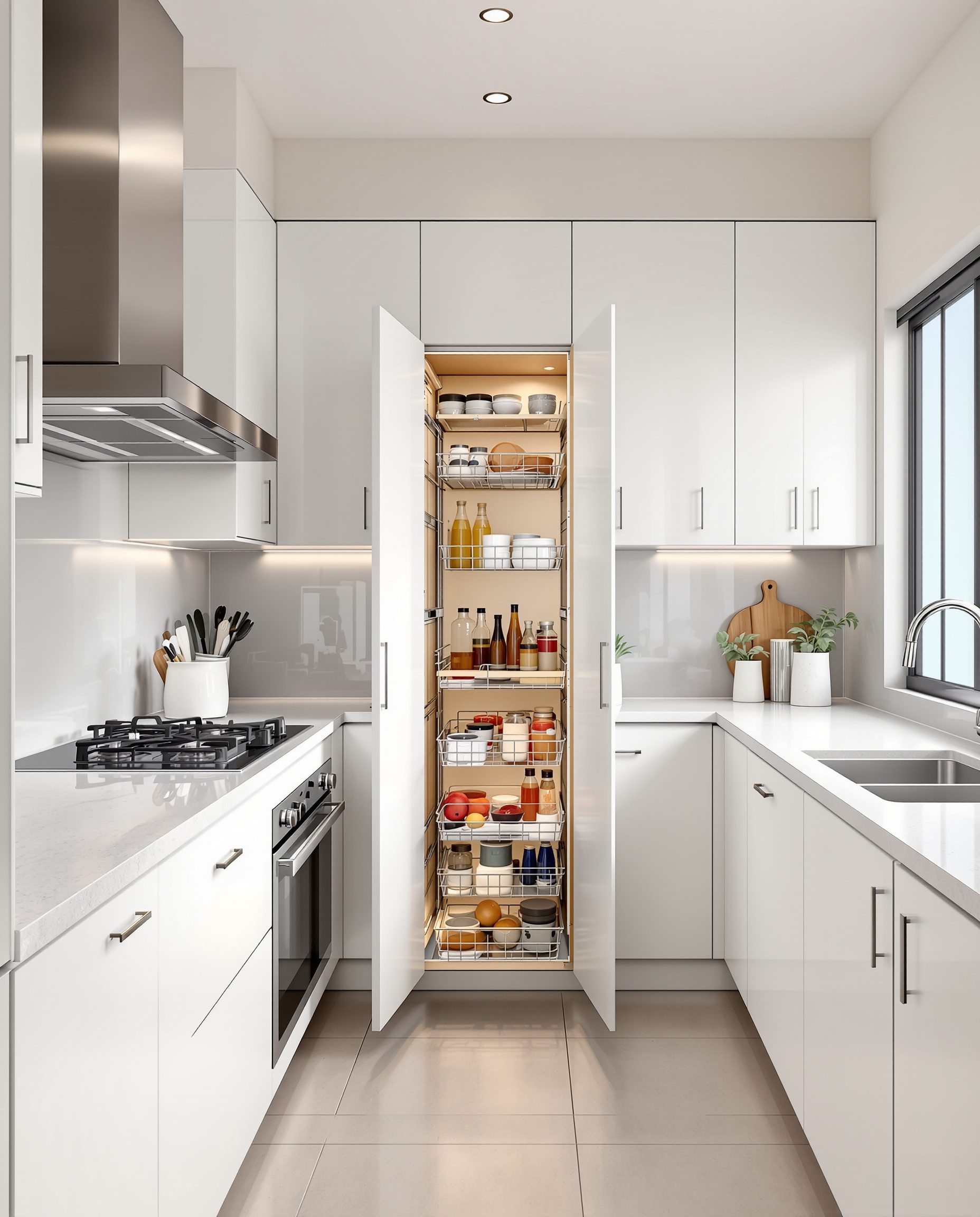 Kitchen With Tandem Pull-Outs — White Modern
