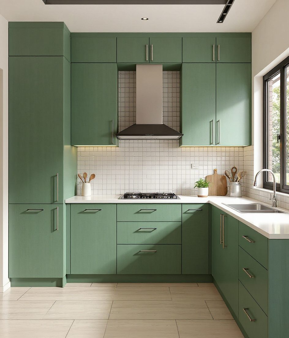 L-Shaped Modular Kitchen — Sage & Brass