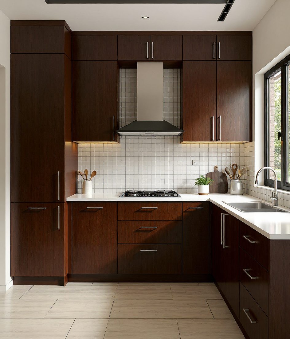 L-Shaped Modular Kitchen — Walnut Classic