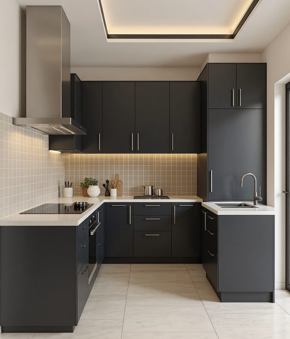 Peninsula Modular Kitchen — Charcoal Minimal