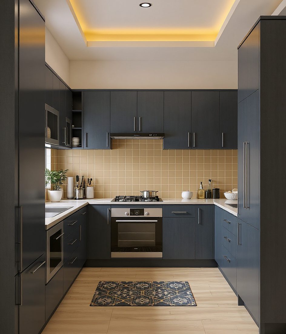 Warm Wood-Finish Kitchen — Charcoal Minimal