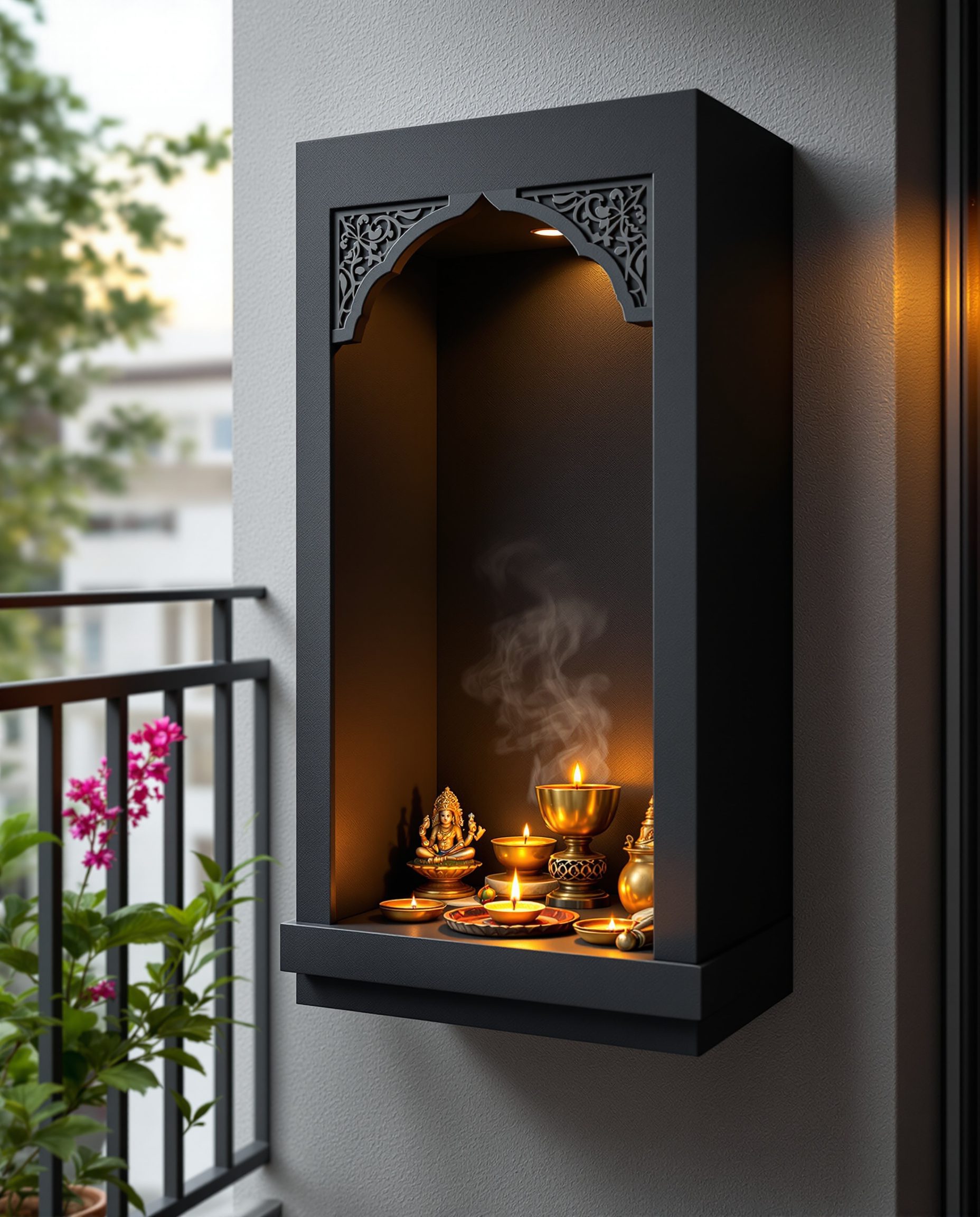 Balcony Utility Corner Shrine — Charcoal Minimal